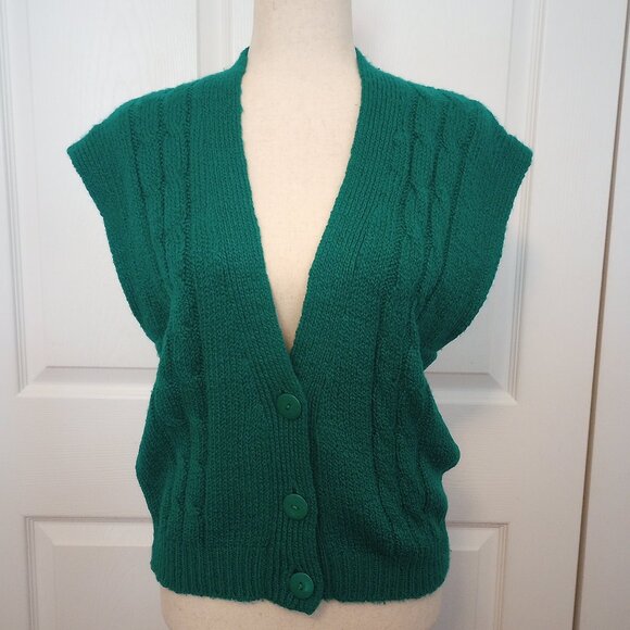 Vintage Kelly Green Cable Knit Sweater Vest sz L Petite - Picture 1 of 11